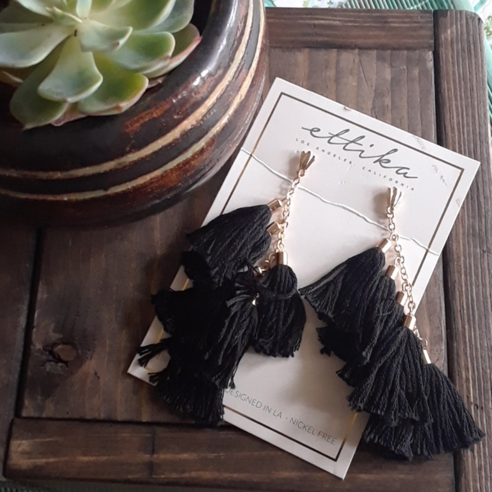 Ettika 18K Gold Plated Black Tassel Fringe Drop Earrings NWT